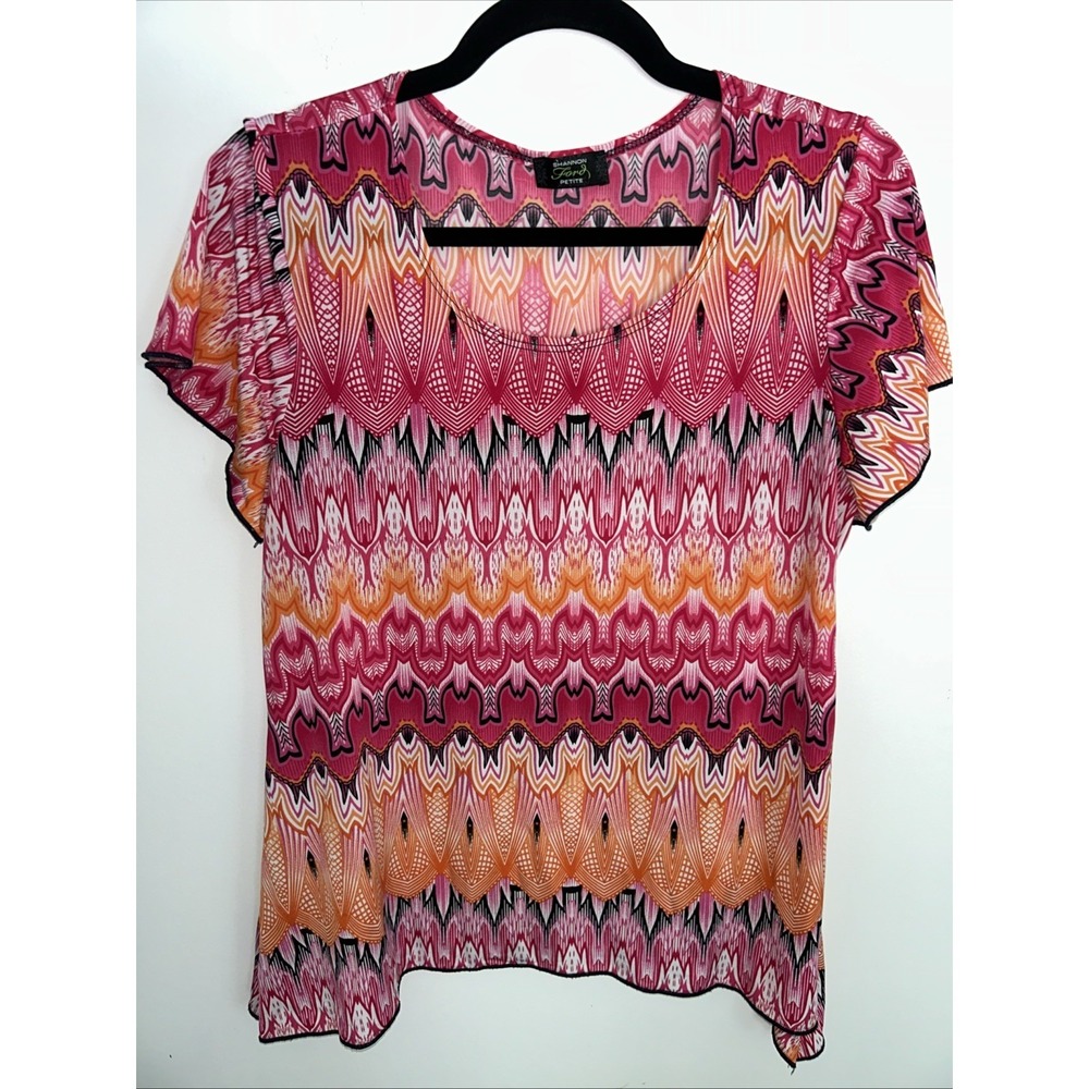 Shannon Ford New York Women's L Petite Pink Orange Graphic Short Sleeve Blouse